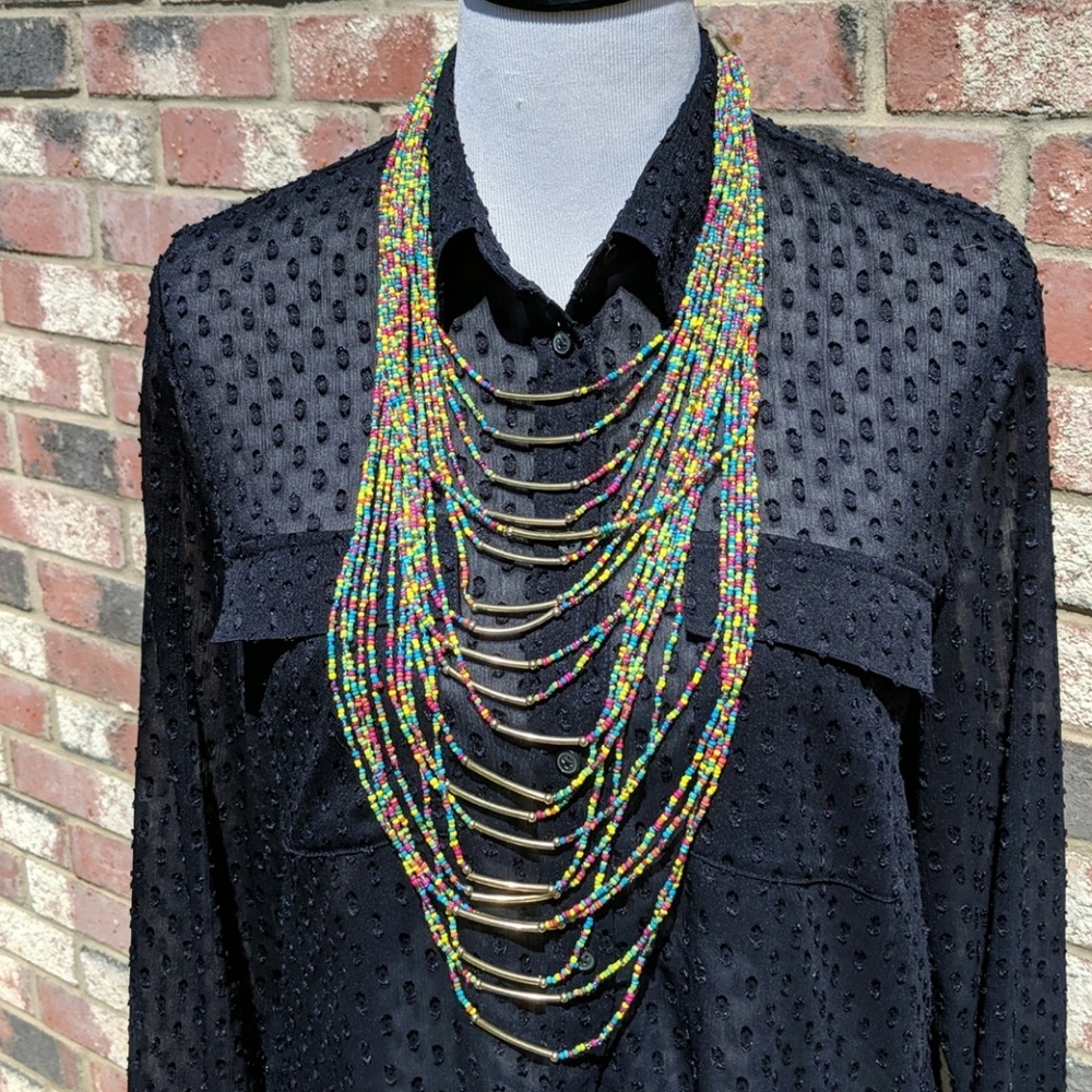 Long multi color, multilayer beaded necklace